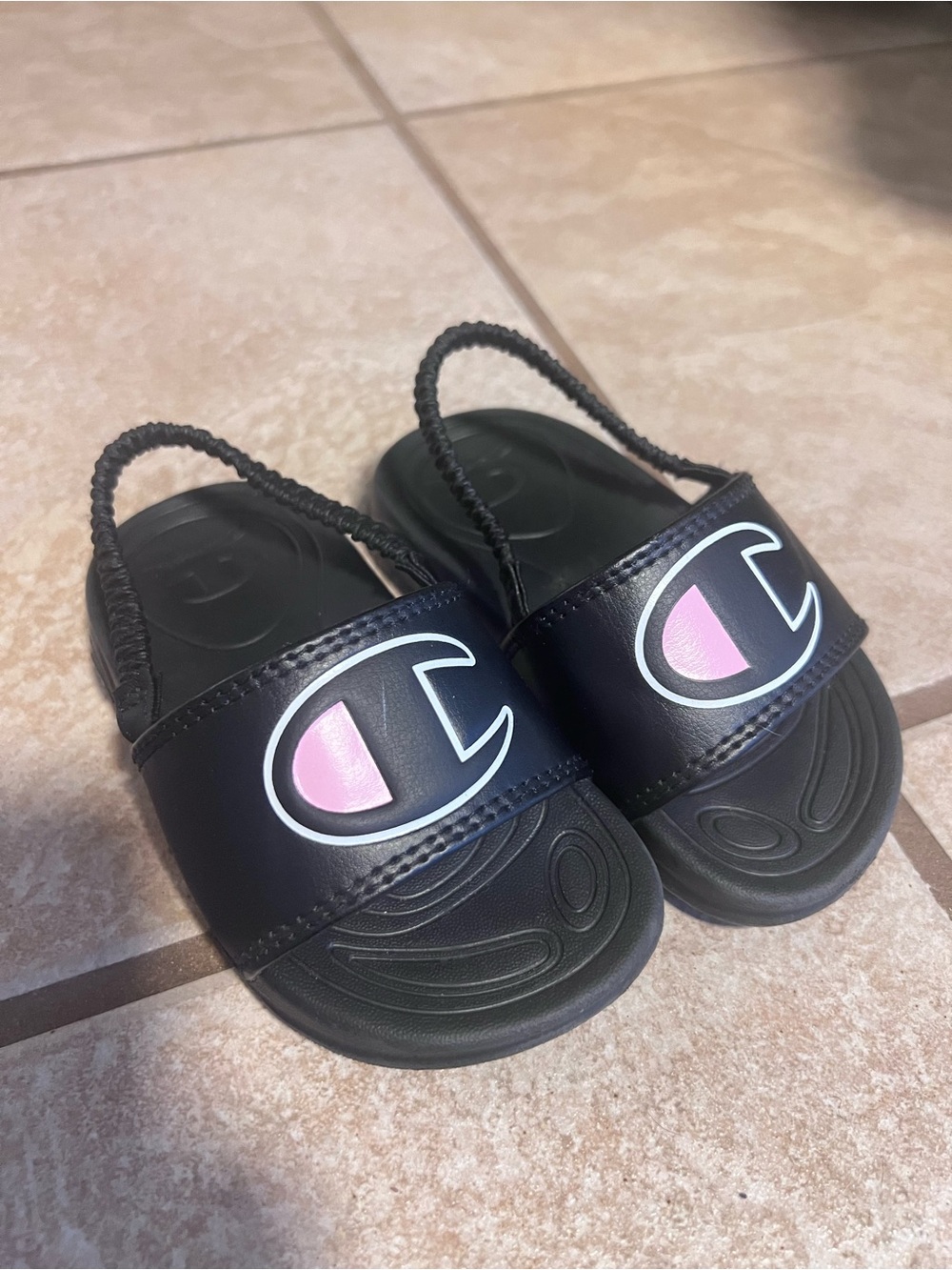 Champion Kids Black Slides with Pink Logo Slingback